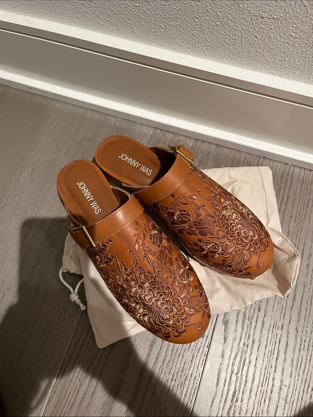 Johnny Was Tan Embroidered Leather Clog Mules